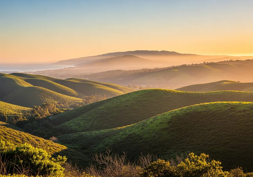 Aliso Viejo green canyon parkland with rolling hills at golden hour