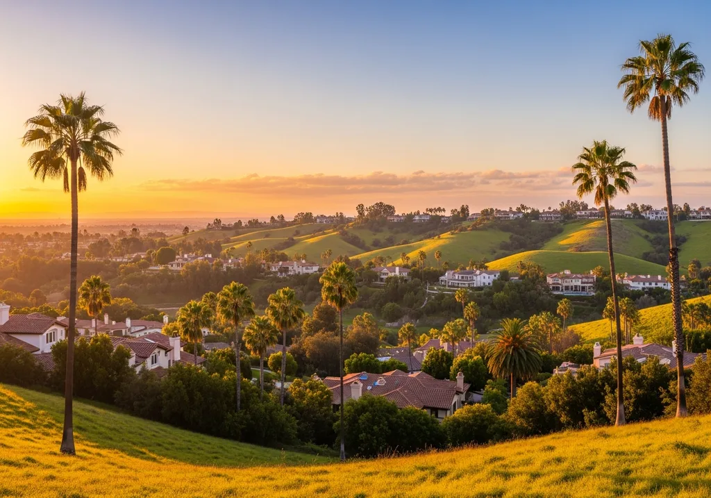 Anaheim Hills scenic hills with homes and palm trees at sunset