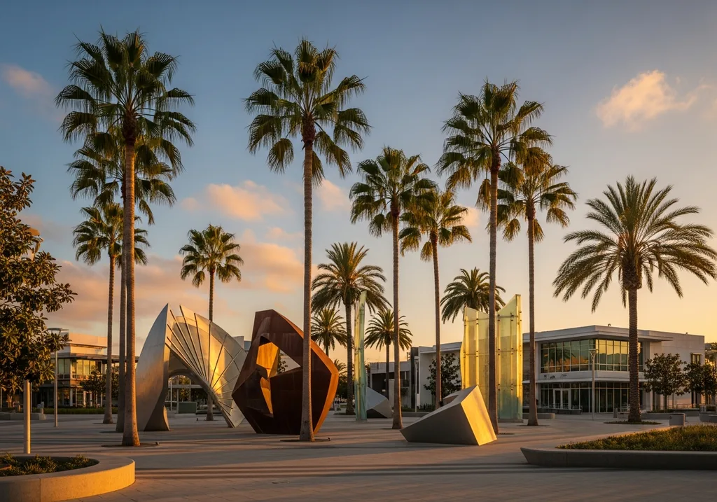 Costa Mesa arts district plaza with palm trees at sunset