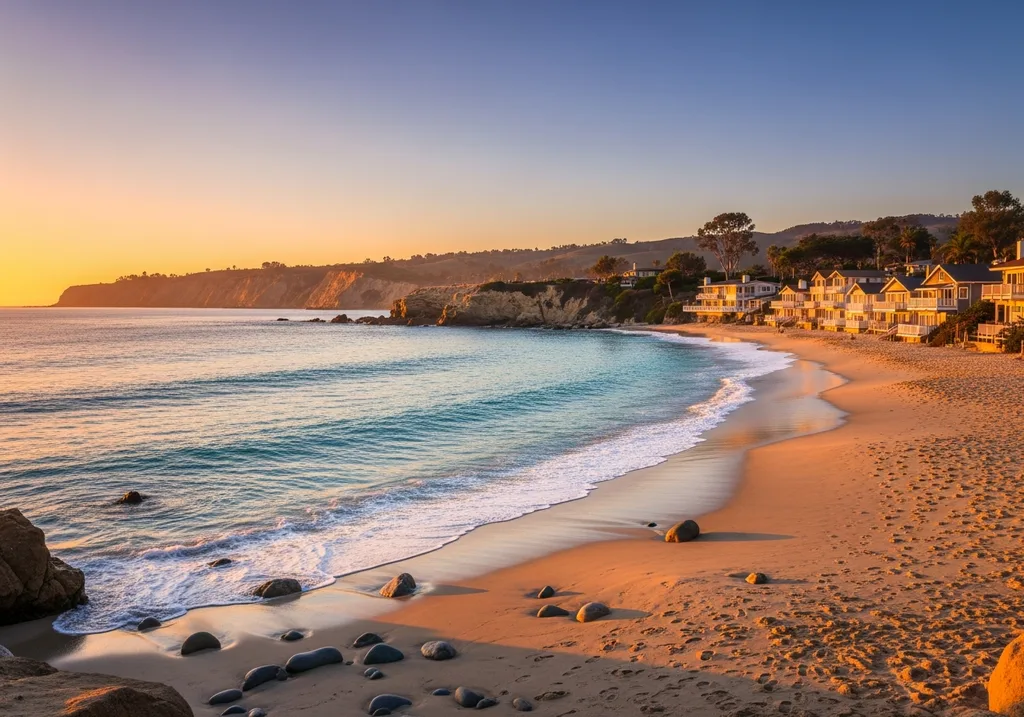 Crystal Cove sandy beach cove with turquoise water and coastal bluffs at sunset