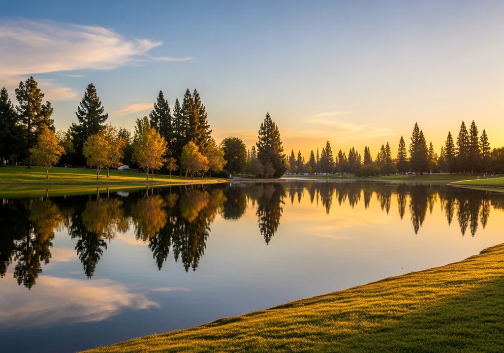 Tranquil Mile Square Park lake in Fountain Valley at sunrise