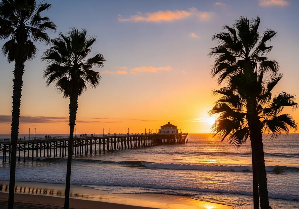 Huntington Beach pier stretching over the Pacific Ocean at sunset
