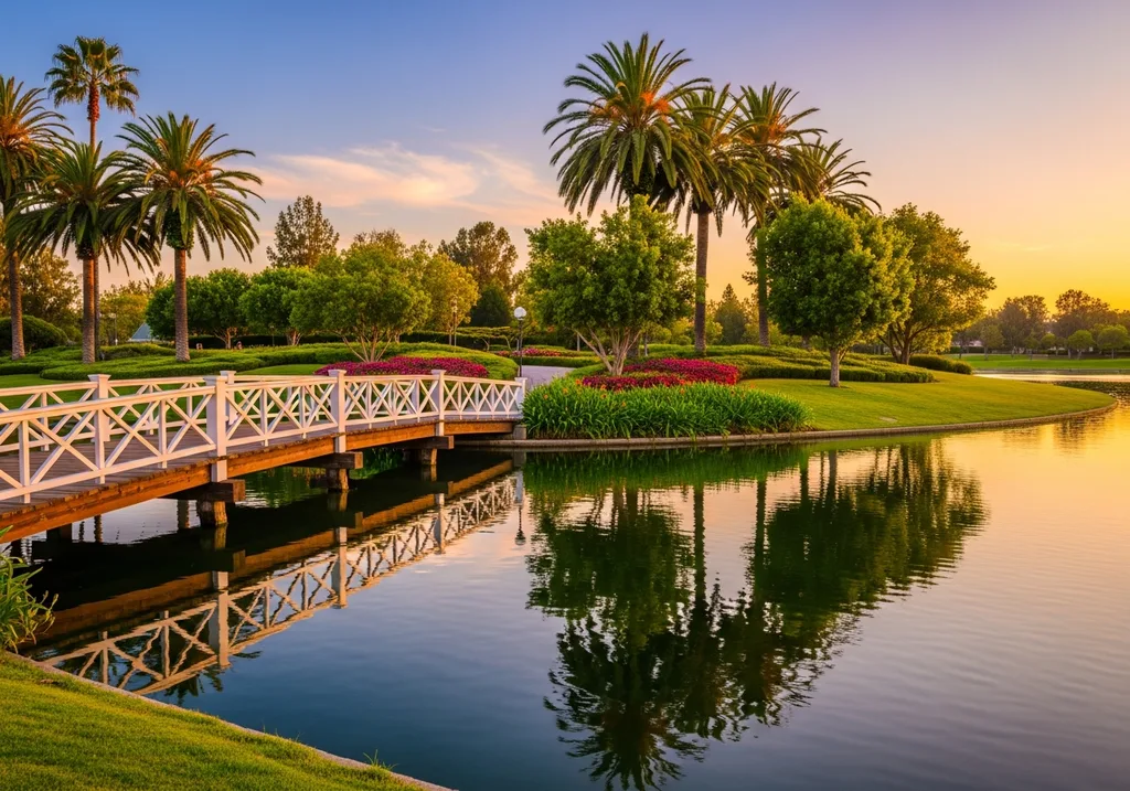 Serene Woodbridge lake in Irvine with wooden bridge at golden hour