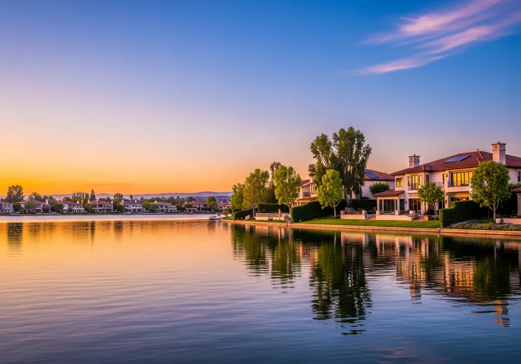 Lake Mission Viejo shoreline with calm water at sunset