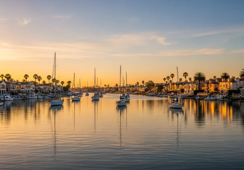 Newport Beach harbor with sailboats and waterfront homes at golden hour
