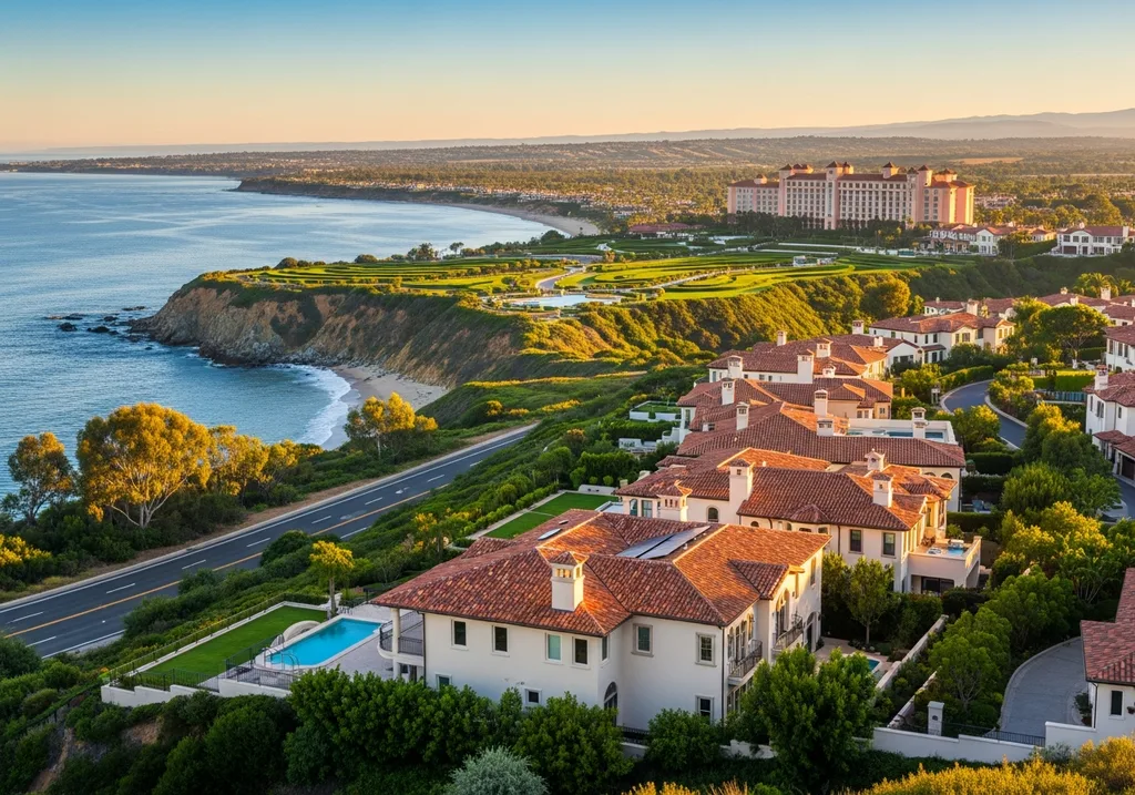 Newport Coast hillside homes overlooking the Pacific Ocean at golden hour