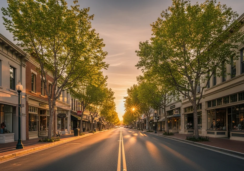 Historic Old Town Tustin street lined with mature trees