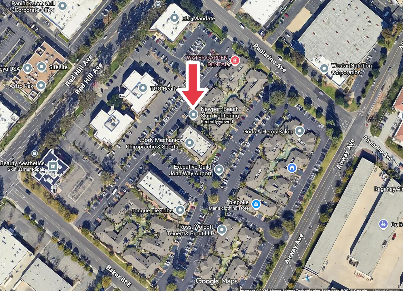 Satellite view of the Costa Mesa business center bounded by Red Hill Ave, Paularino Ave and Airway Ave, with a red arrow marking Newport Beach Skin Tightening at the center of the complex