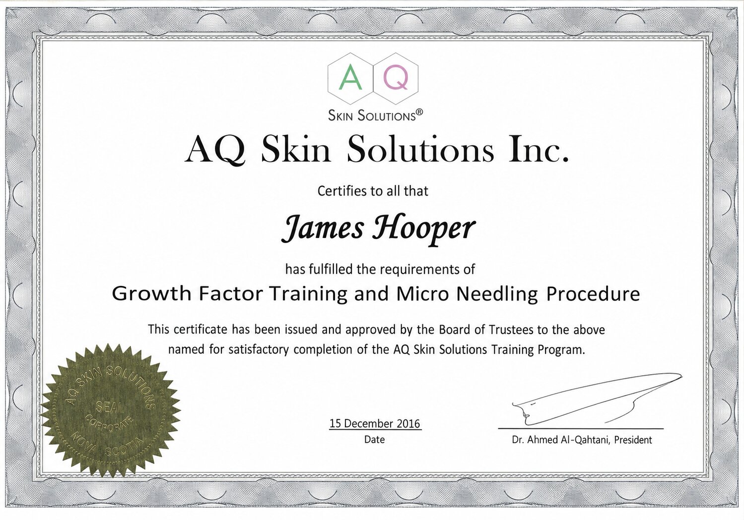 AQ Skin Solutions Growth Factor and Microneedling training certificate issued to James Hooper in 2016.