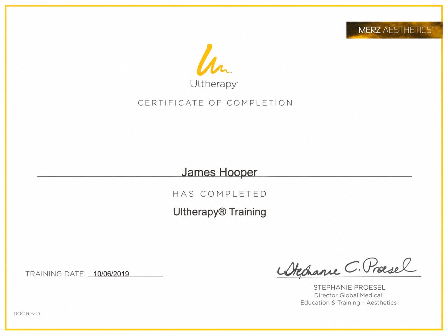 Merz Aesthetics Ultherapy training certificate issued to James Hooper in 2019.