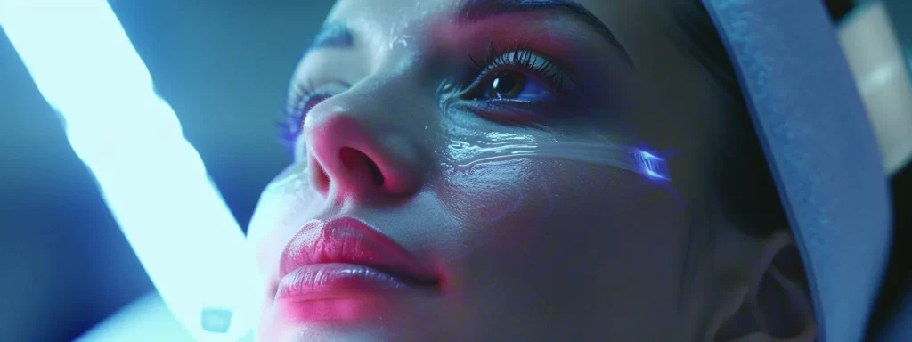 a close-up shot of a woman receiving an ultherapy treatment, with focused ultrasound waves targeting her facial muscles, illustrating the effectiveness of non-surgical skin rejuvenation.