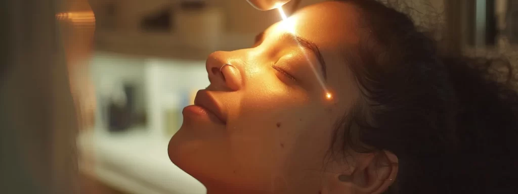 a woman receiving an ultrasound skin tightening treatment on her face, with a focused beam of energy enhancing collagen production for youthful skin resilience.