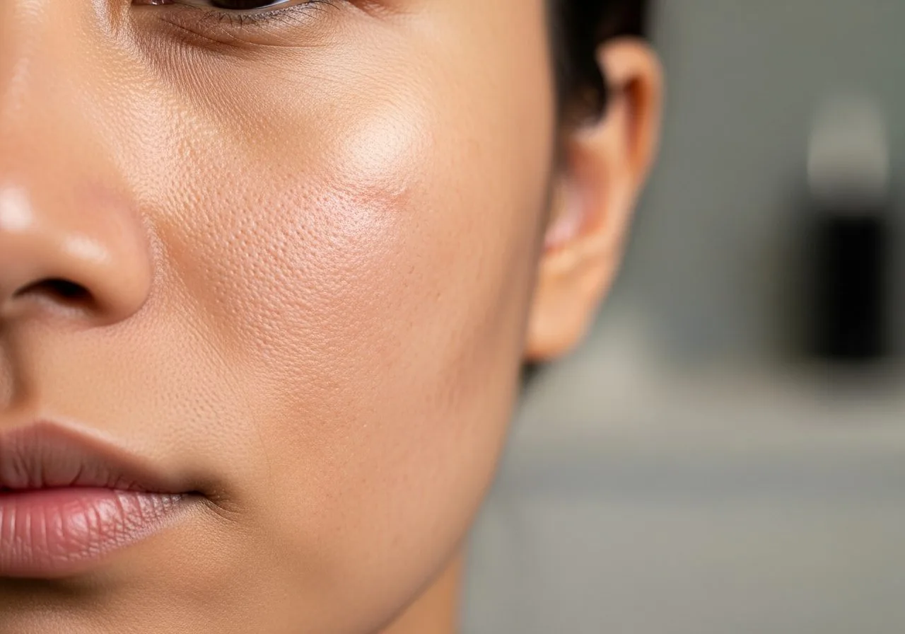 Acne scarring on a cheek being assessed