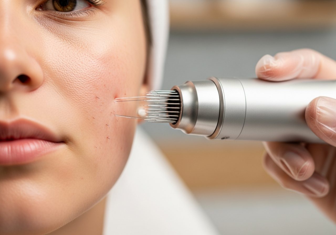 RF microneedling targeting acne scars on a cheek