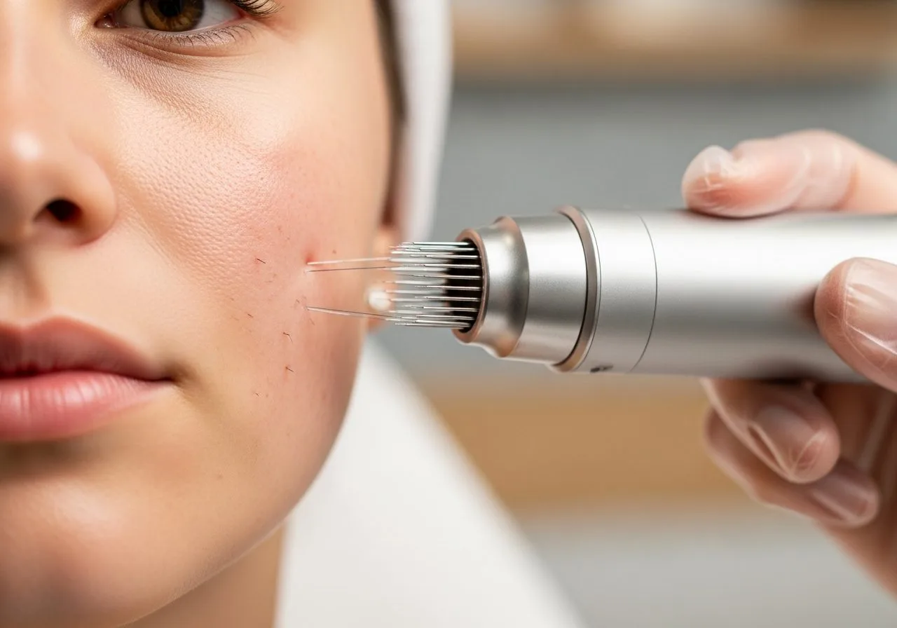 RF microneedling targeting acne scars on a cheek