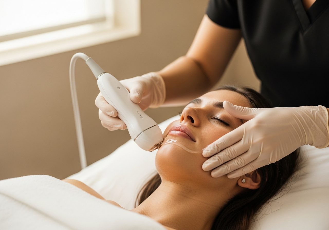 Ultherapy ultrasound handpiece applied along a woman's jawline