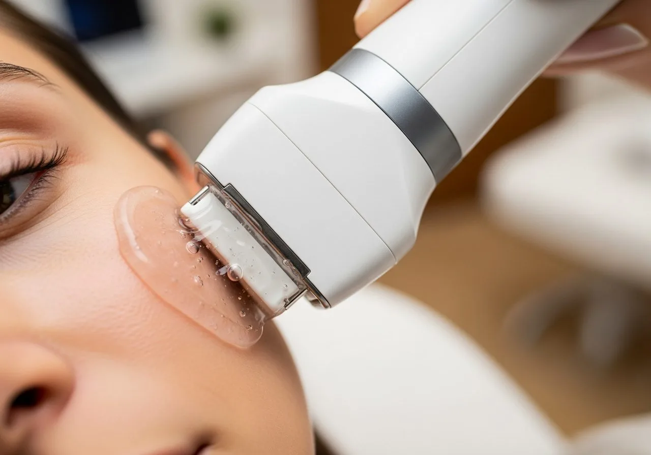 Ultrasound skin tightening applicator on a woman's cheek with gel