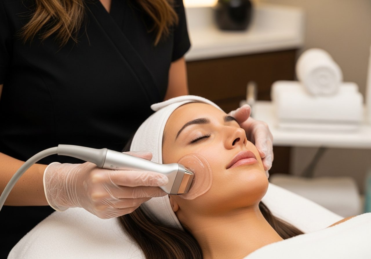 Aesthetician gliding an ultrasound applicator across a woman's face