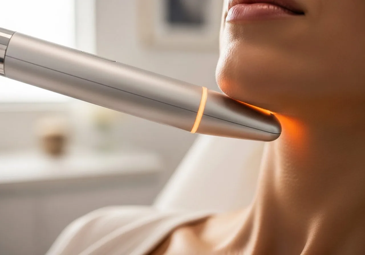 RF applicator gliding over a woman's jawline