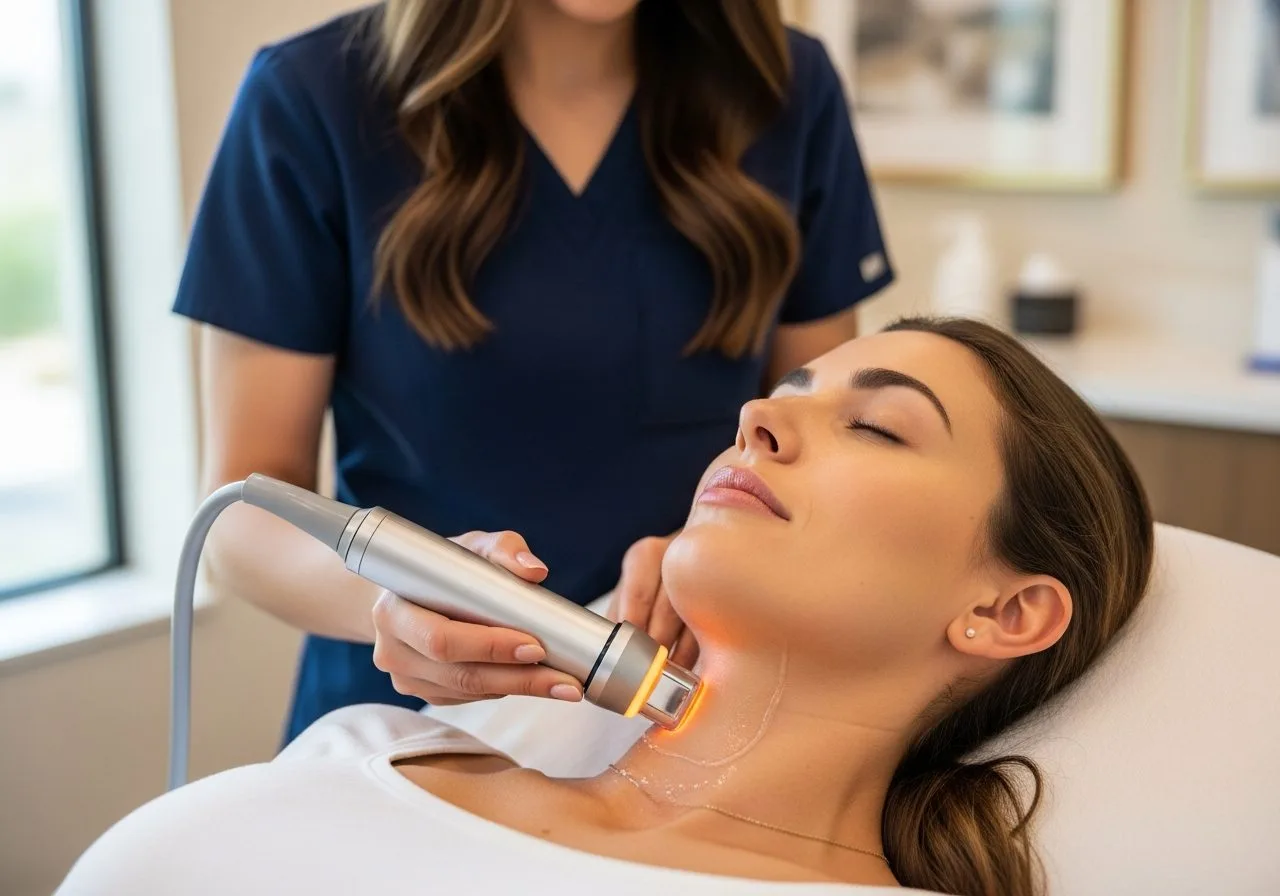 Radiofrequency treatment on a woman's neck and decollete