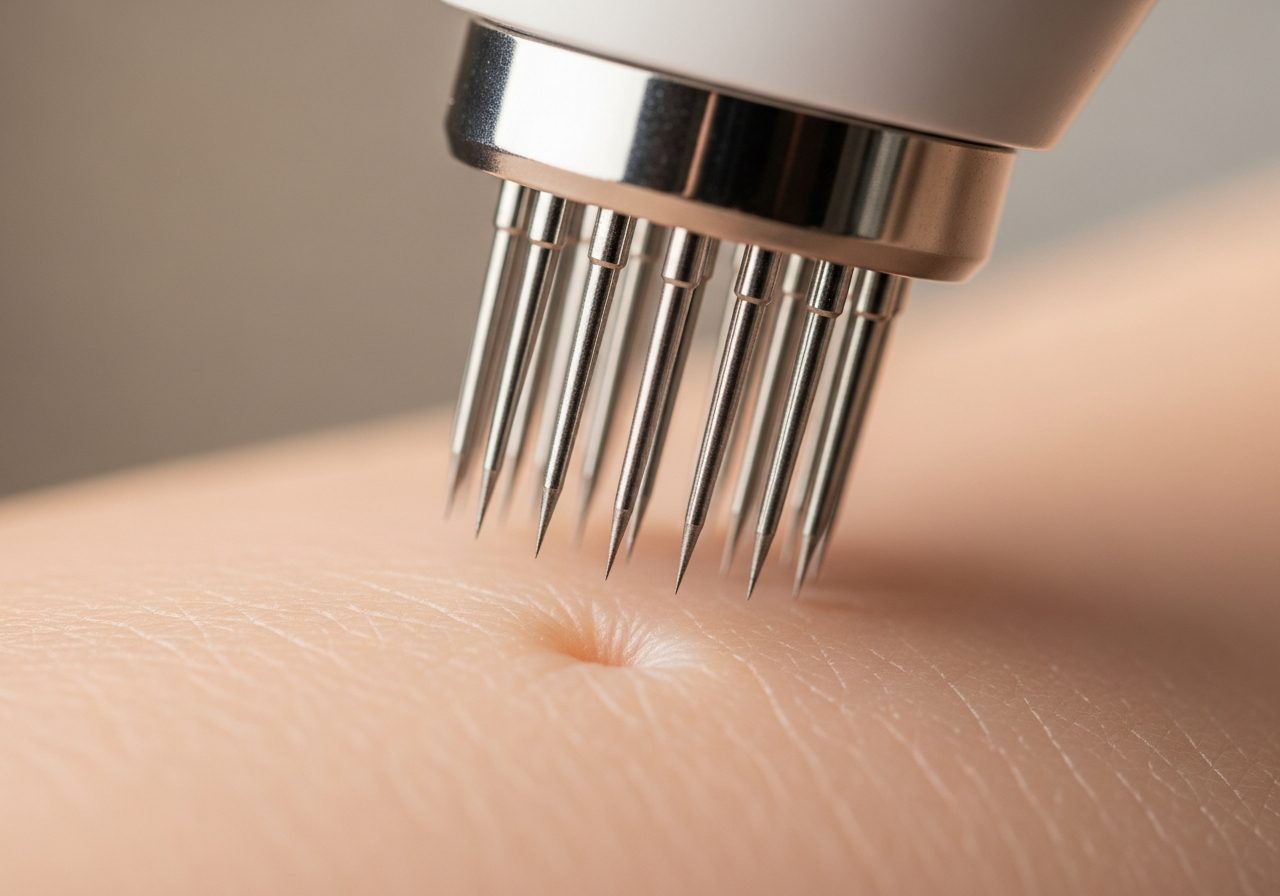 Macro of an RF microneedling pen tip on smooth skin