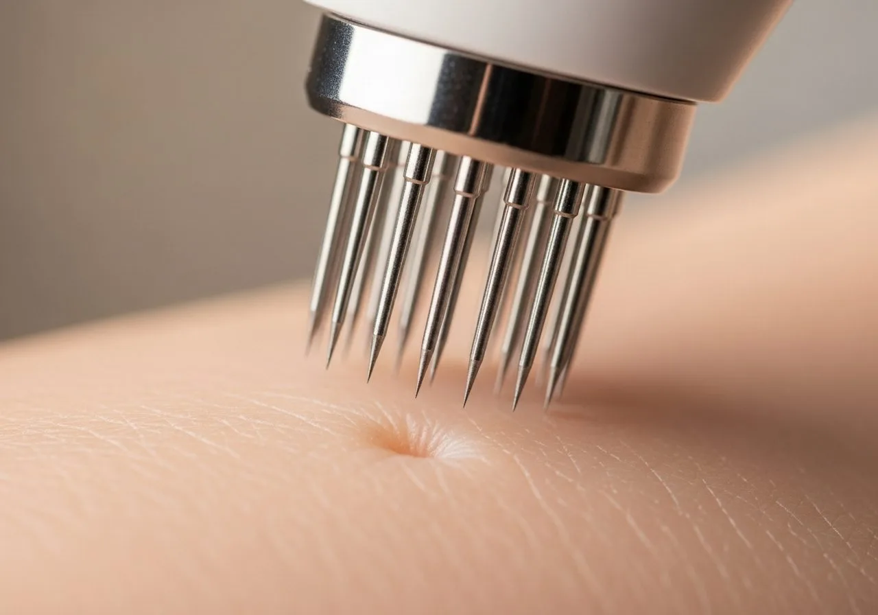 Macro of an RF microneedling pen tip on smooth skin