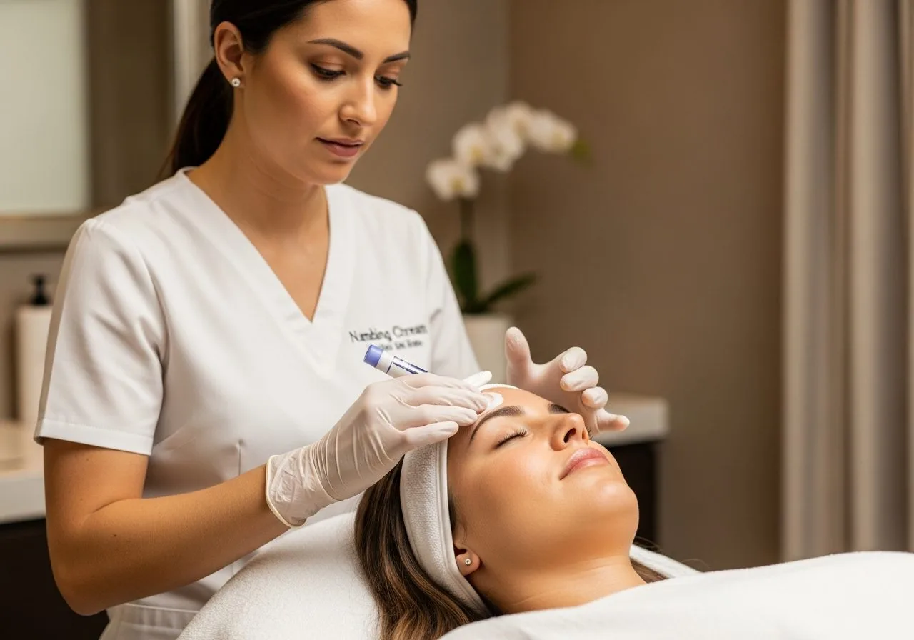 Numbing cream applied before a microneedling treatment