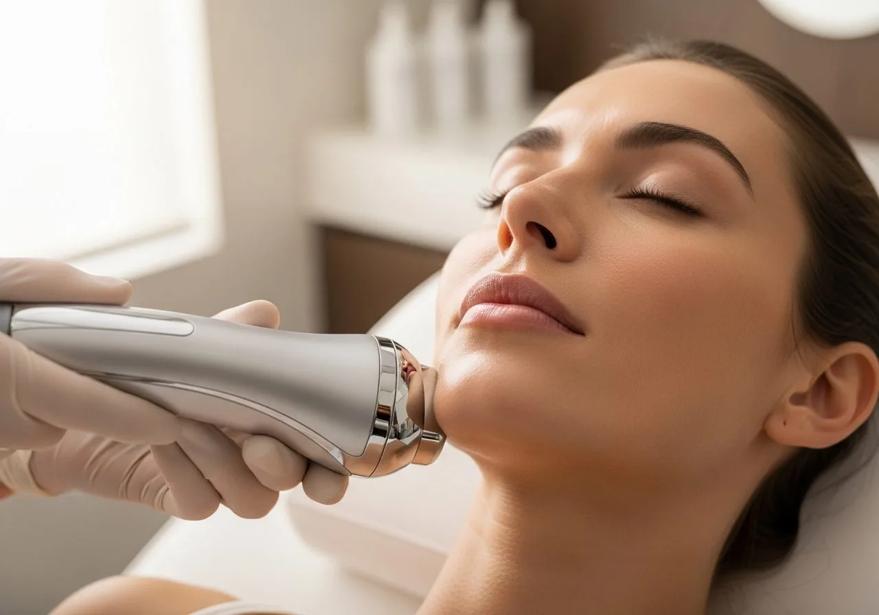 Aesthetic device gliding along a woman's jawline
