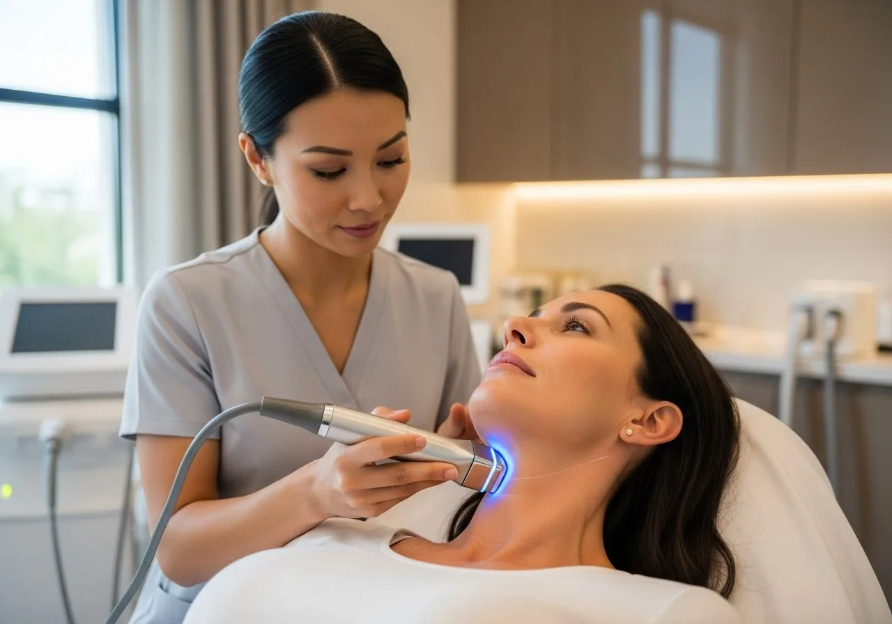 Non-surgical neck tightening treatment with a device