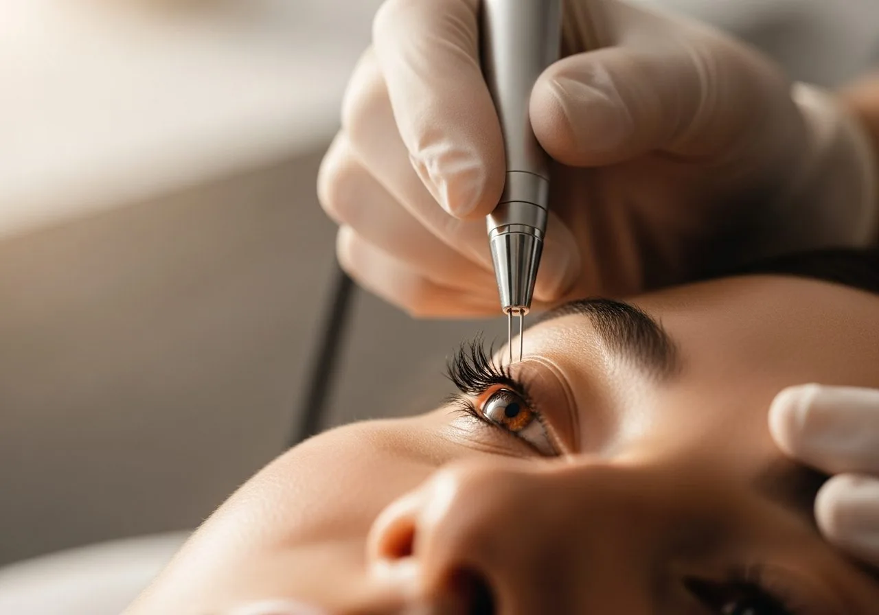 Gentle treatment near the under-eye area with a precision device
