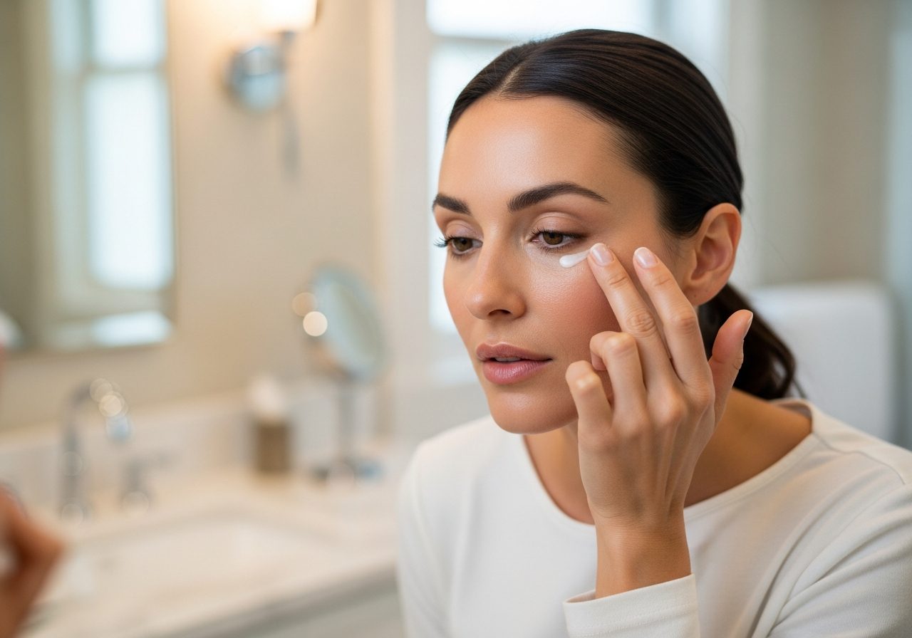 Woman applying eye cream, radiant refreshed eyes