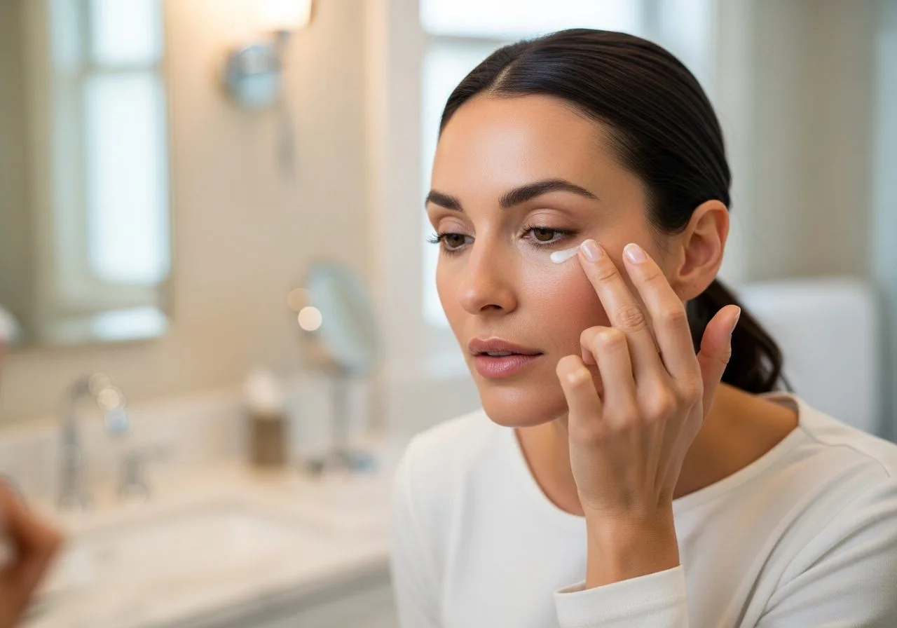 Woman applying eye cream, radiant refreshed eyes