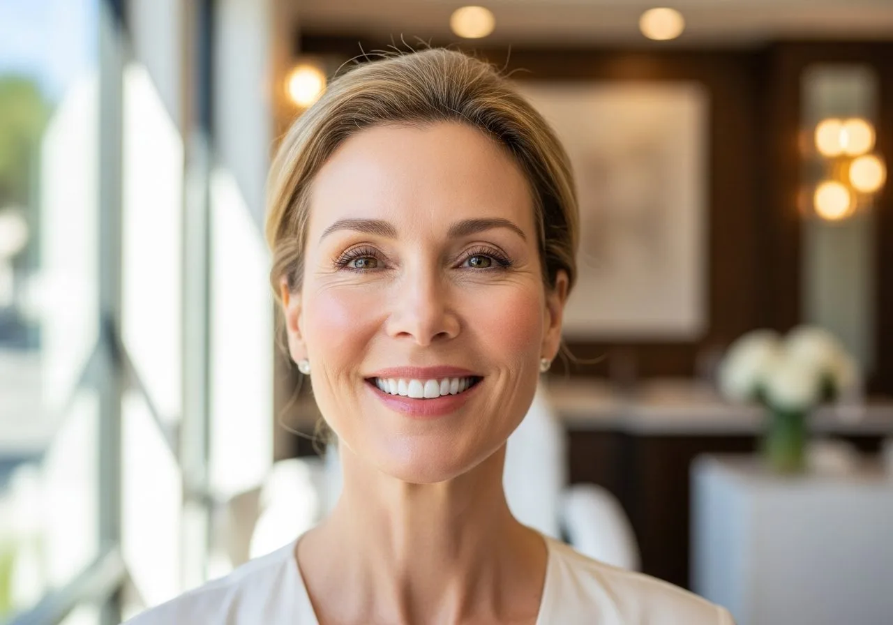 Woman with visibly lifted firmer skin, confident and glowing