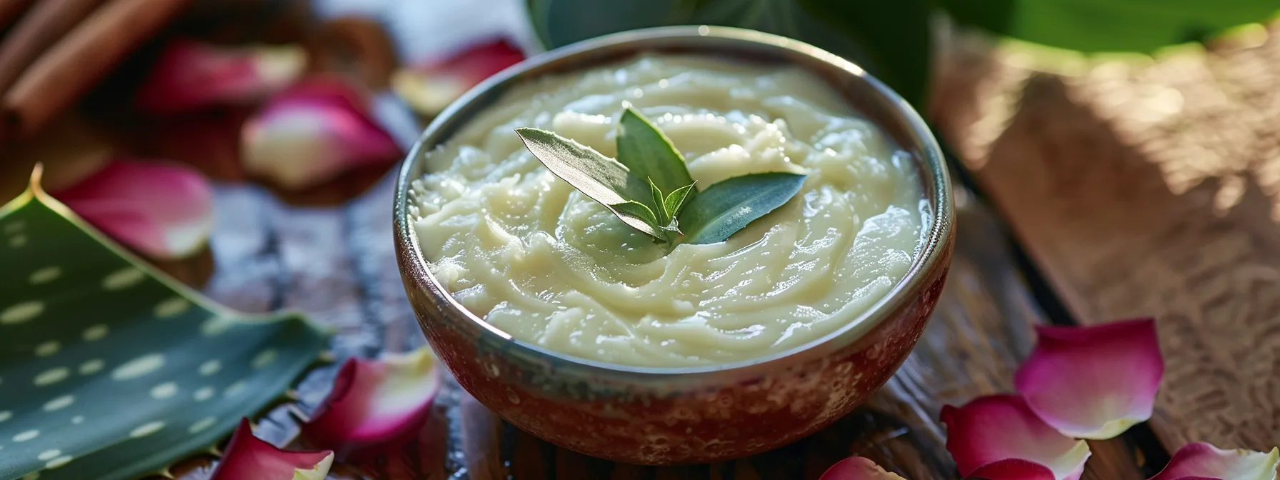 a bowl filled with a creamy, collagen-infused face mask, surrounded by fresh aloe vera leaves and rose petals.