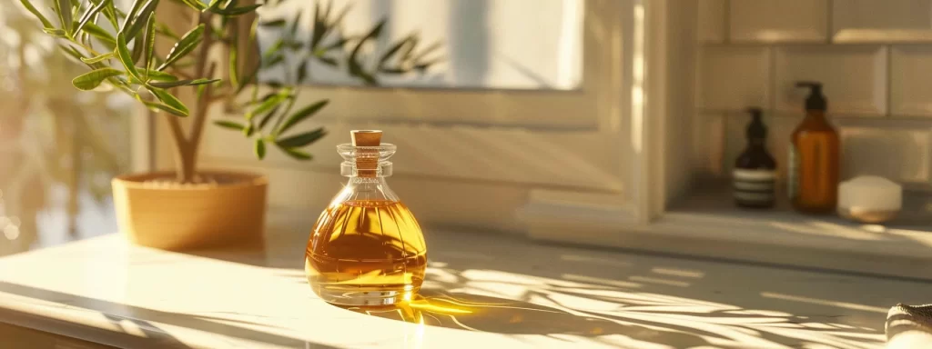 a clear bottle filled with rich, golden myrrh oil sitting on a sunlit bathroom counter, enhancing the skin elasticity of a delicate hand reaching towards it.
