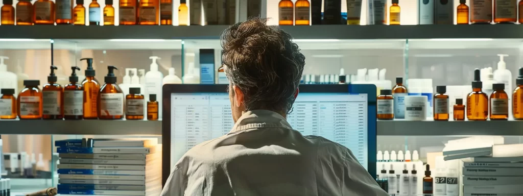 a close-up photo of a dermatologist analyzing scientific data on a computer screen, surrounded by bottles of neck skin tightening creams and research papers.