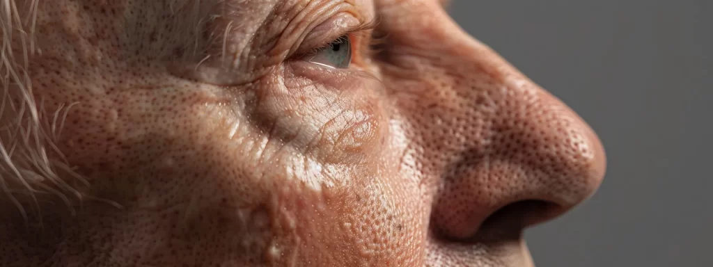 a close-up photo of a sun-damaged sagging skin on a person's face, highlighting the lack of firmness and elasticity due to aging and sun exposure.
