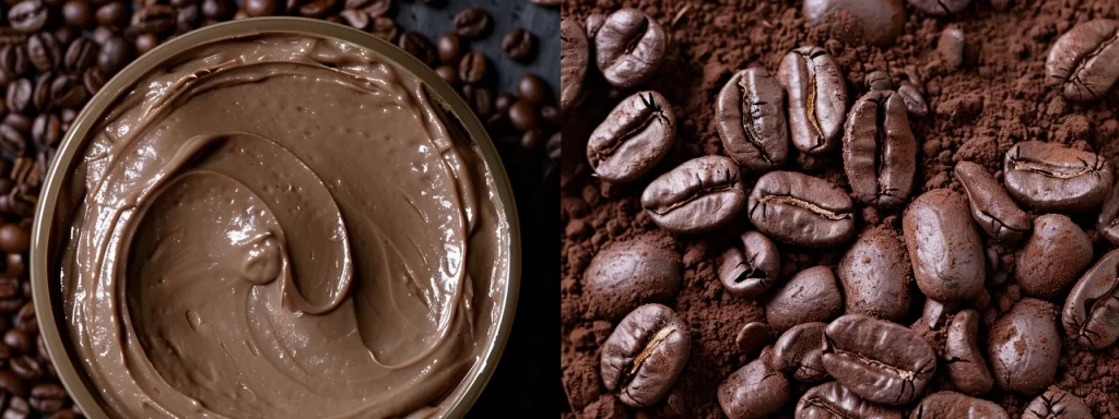 a close-up photo of a creamy coffee and cocoa mask, with a rich and invigorating texture that promises to rejuvenate and maintain youthful skin.