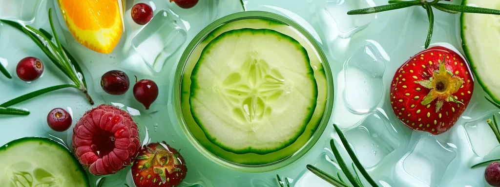 a close-up photo of a refreshing cucumber slice surrounded by colorful antioxidant-rich fruits and essential oils, illustrating the key ingredients in natural skin tightening products.