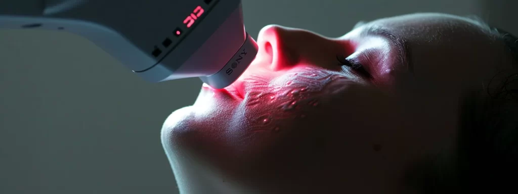 a close-up photo of a co2 laser targeting skin imperfections on a patient's neck, with the bright beam of light illuminating the treatment area.