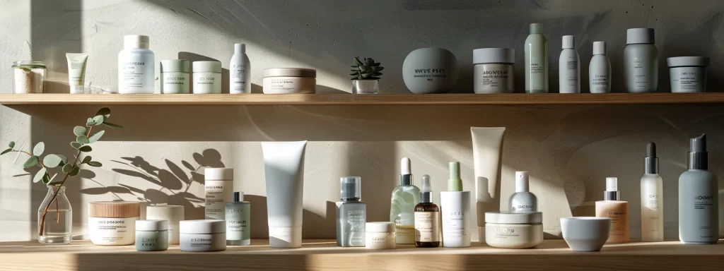 a collection of natural skin tightening products displayed on a sleek, modern shelf, showcasing their eco-friendly packaging and premium ingredients.