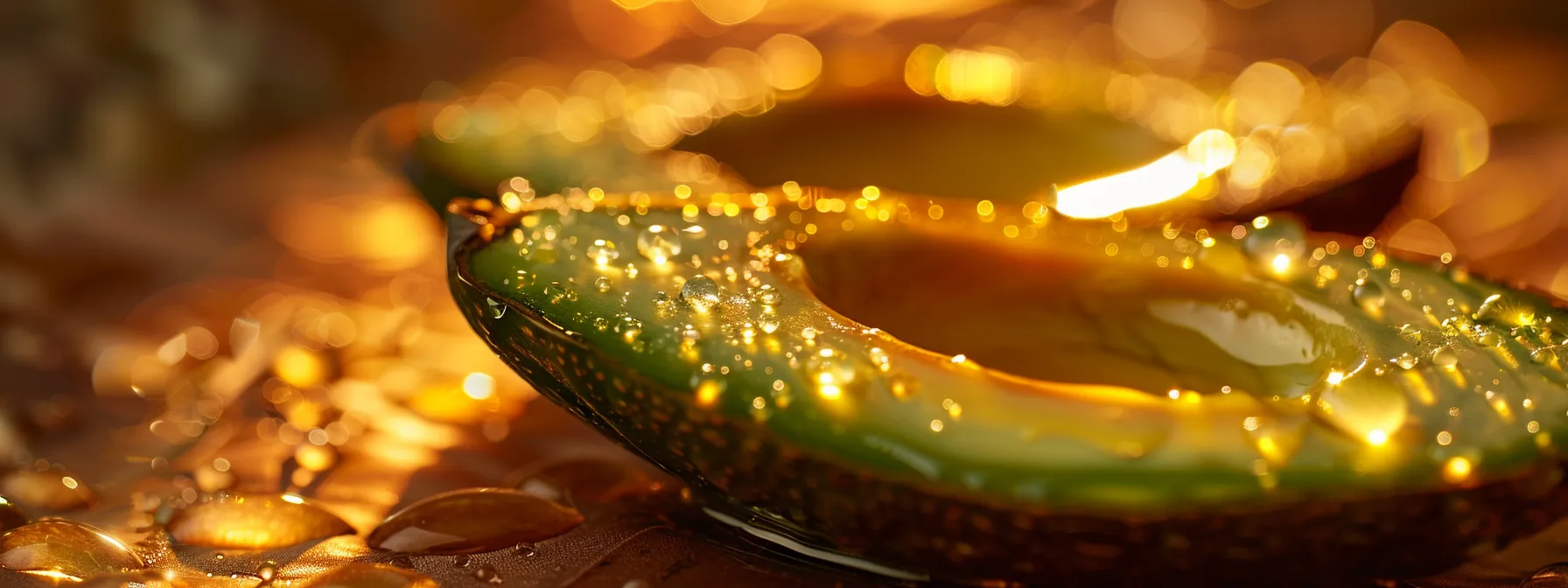 a glowing face mask made of honey and avocado, glistening with moisture under soft lighting.