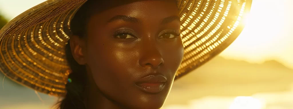a glowing, sun-kissed skin under a wide-brimmed hat, showcasing the importance of protecting the skin from sun exposure for optimal ultherapy results.