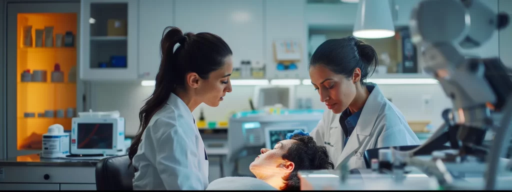 a laser specialist carefully examining a patient's neck skin type, discussing personalized treatment options in a modern clinic setting.