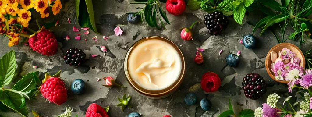 a luxurious jar of neck skin tightening cream surrounded by vibrant botanical ingredients known for their collagen-boosting properties.