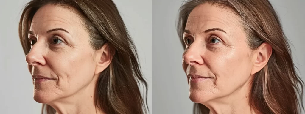 a middle-aged woman with visibly tightened skin and diminished wrinkles, radiating a youthful and rejuvenated appearance after undergoing ultherapy treatment.