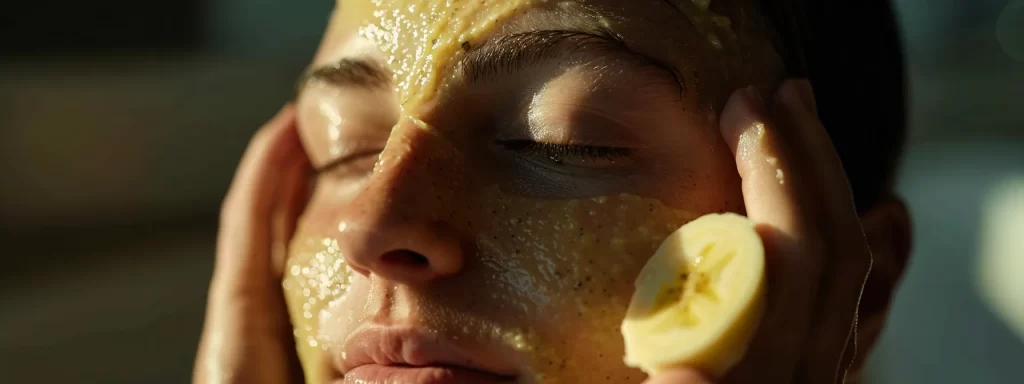 a person applying a nourishing banana and olive oil paste on their face, radiating with a healthy glow and firm skin.