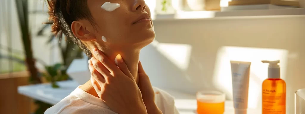 a person applying sunscreen to their neck, surrounded by skincare products and a glass of water, preparing for an ultherapy session.