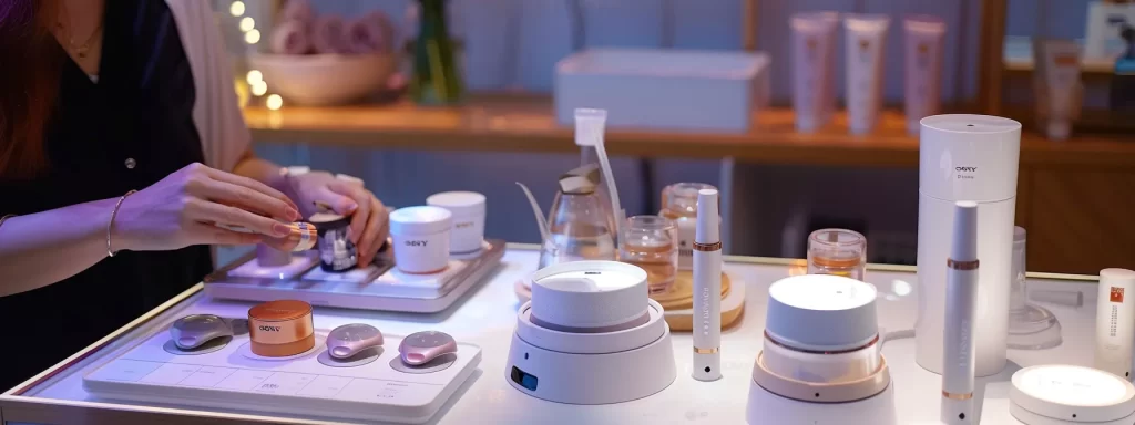 a person carefully comparing different at-home skin tightening devices displayed on a clean, organized table.
