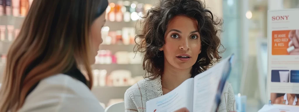 a person discussing their medical concerns with an expert before an ultherapy session, surrounded by informational pamphlets and brochures.